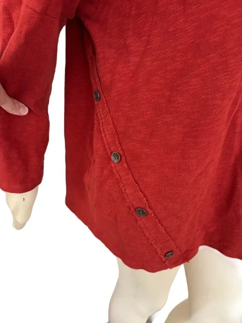 CHALET Slub Cotton Asymmetric Button Lagenlook Dolman Sweater Red Orange SZ L